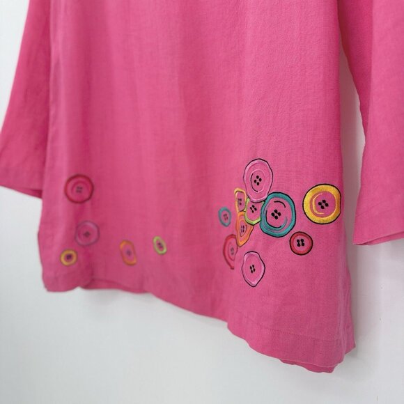 Sara Isabella Bright Pink 100% Irish Linen Embroidered Buttons Tunic Blouse 10 - Picture 5 of 11